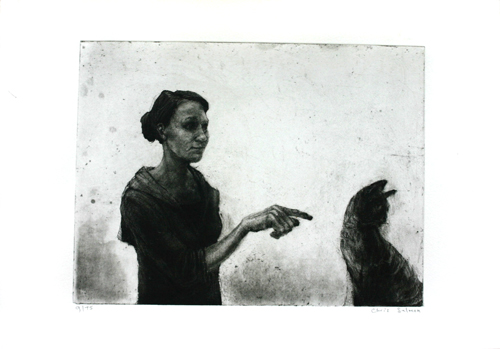 Woman Pointing and Cat