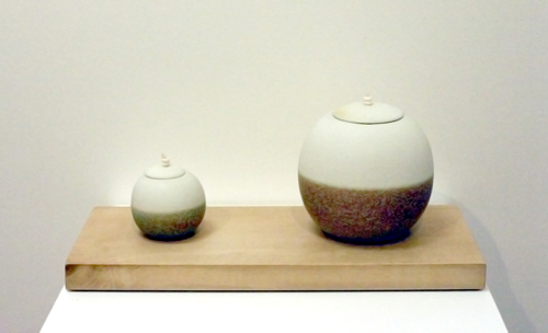 2 Stoneware Pots on a Holly Base