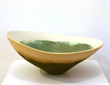 Large Copper Green Bowl with Cream Rim