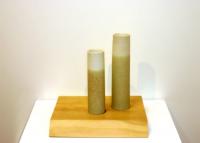 2 Stoneware Vessels on a Holly Base with Walnut Inlays by Kate Schuricht